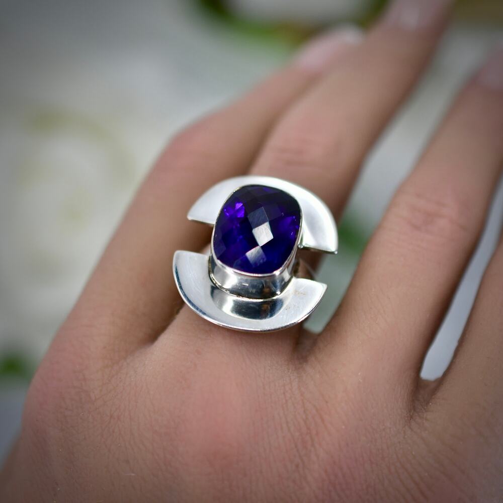 Vintage PTI 925 Sterling Silver Modernist Amethyst Frame Ring Size 7 11g